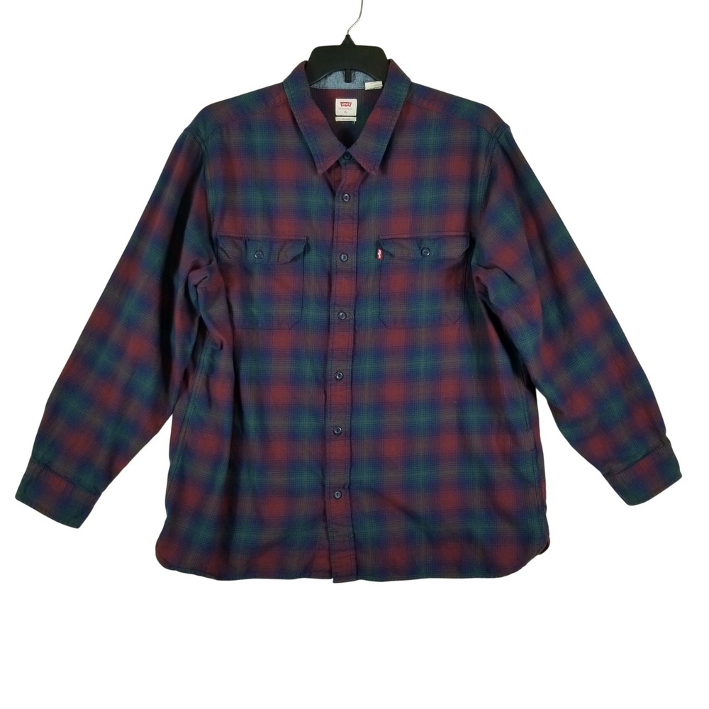 Levi's Flannel Shirt Mens XL Burgundy Green Plaid Relaxed Fit Cotton Button Down